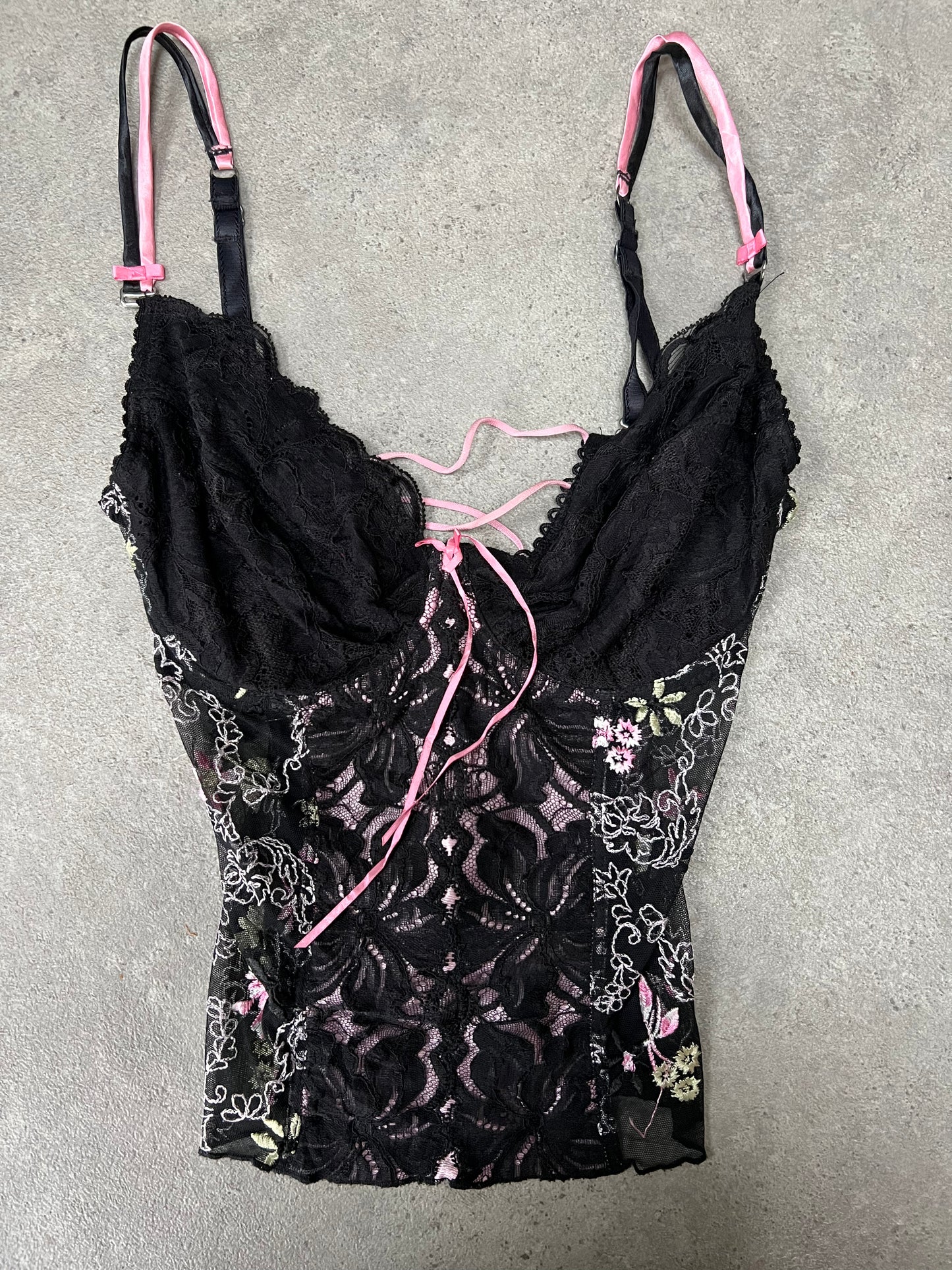 00s Lace Pink & Black Lace Up Corset - Size S