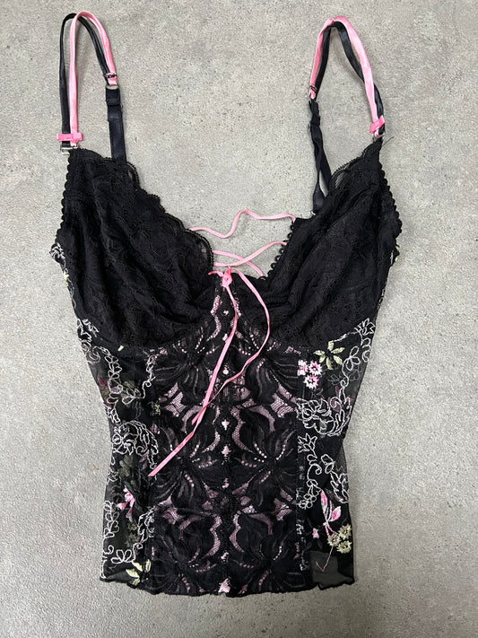 00s Lace Pink & Black Lace Up Corset - Size S