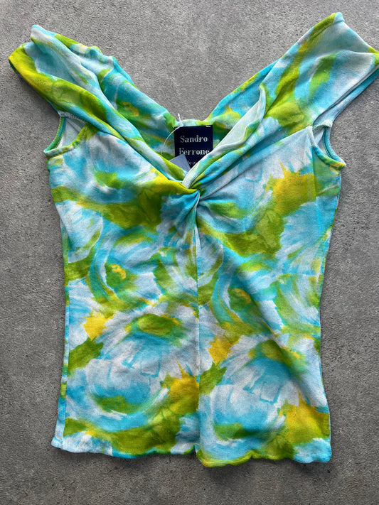 90s graphic print mesh tie top - Size S