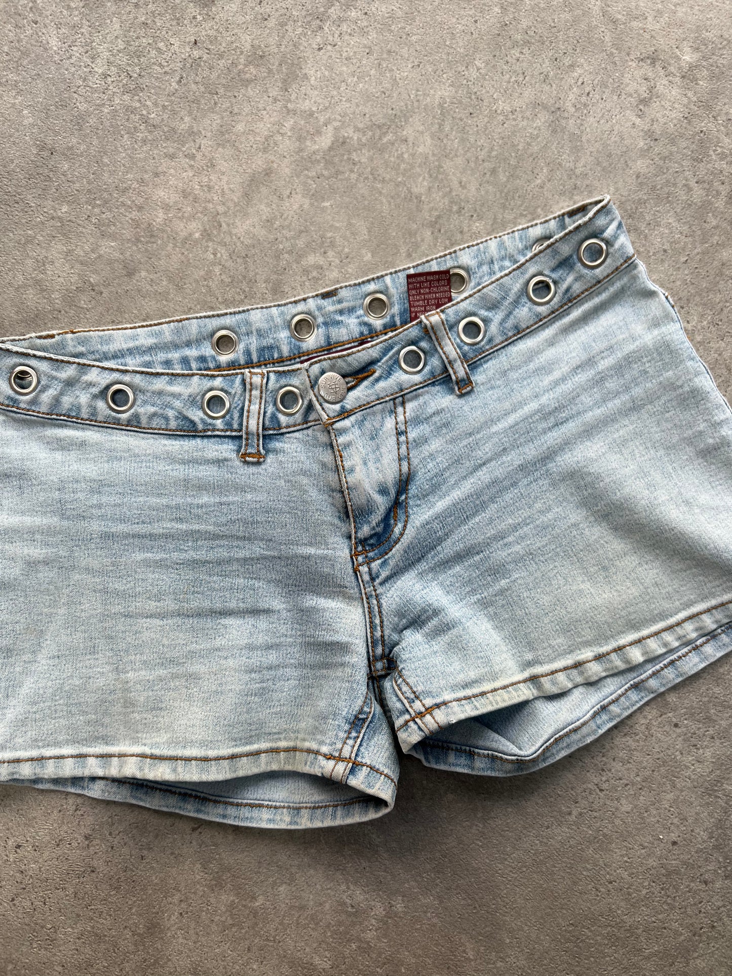 Eyelet Light Wash Denim Shorts