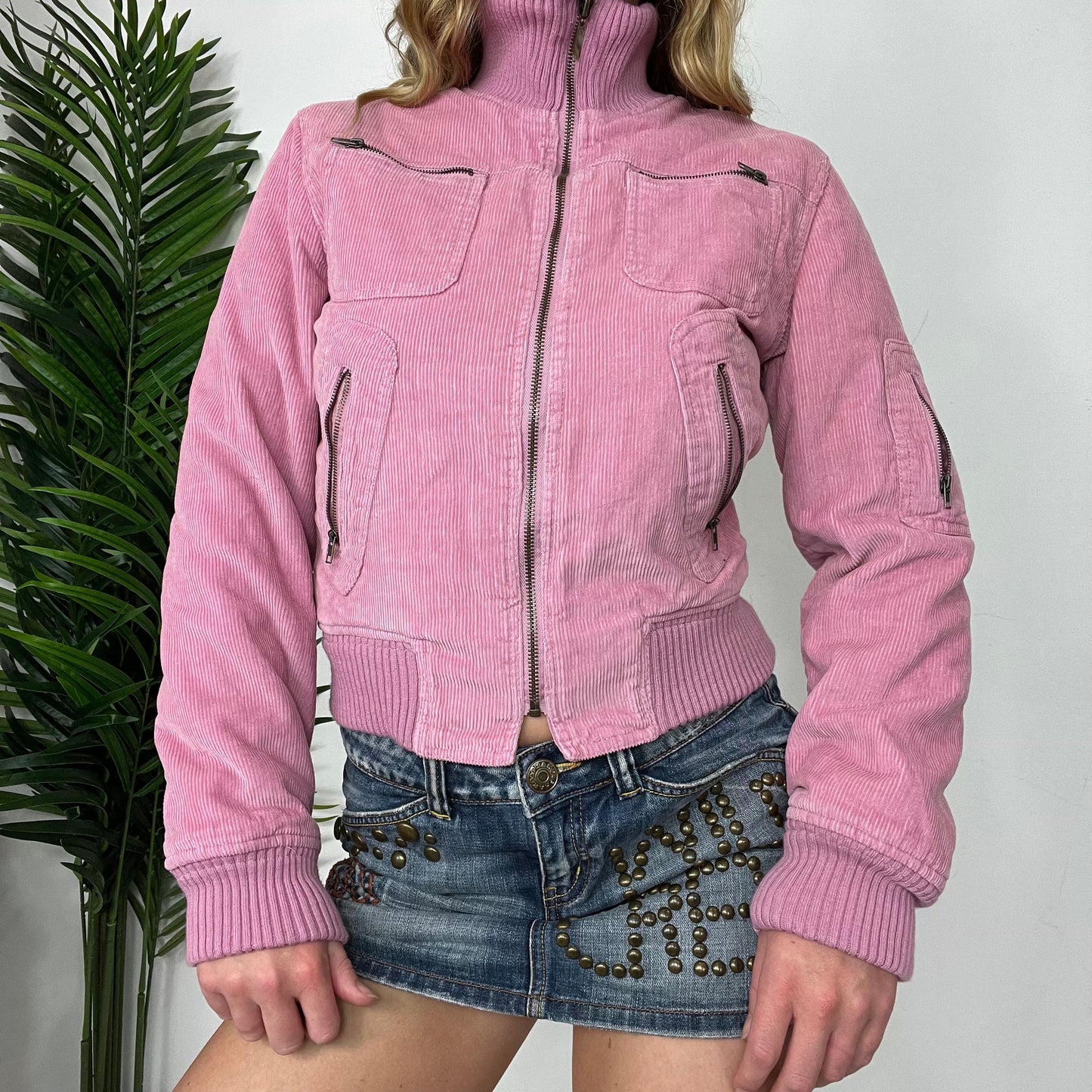 Pink Y2K Corduroy Bomber Jacket