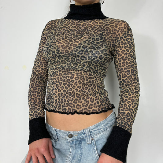 00s vintage leopard mesh knit turtle neck - Size S