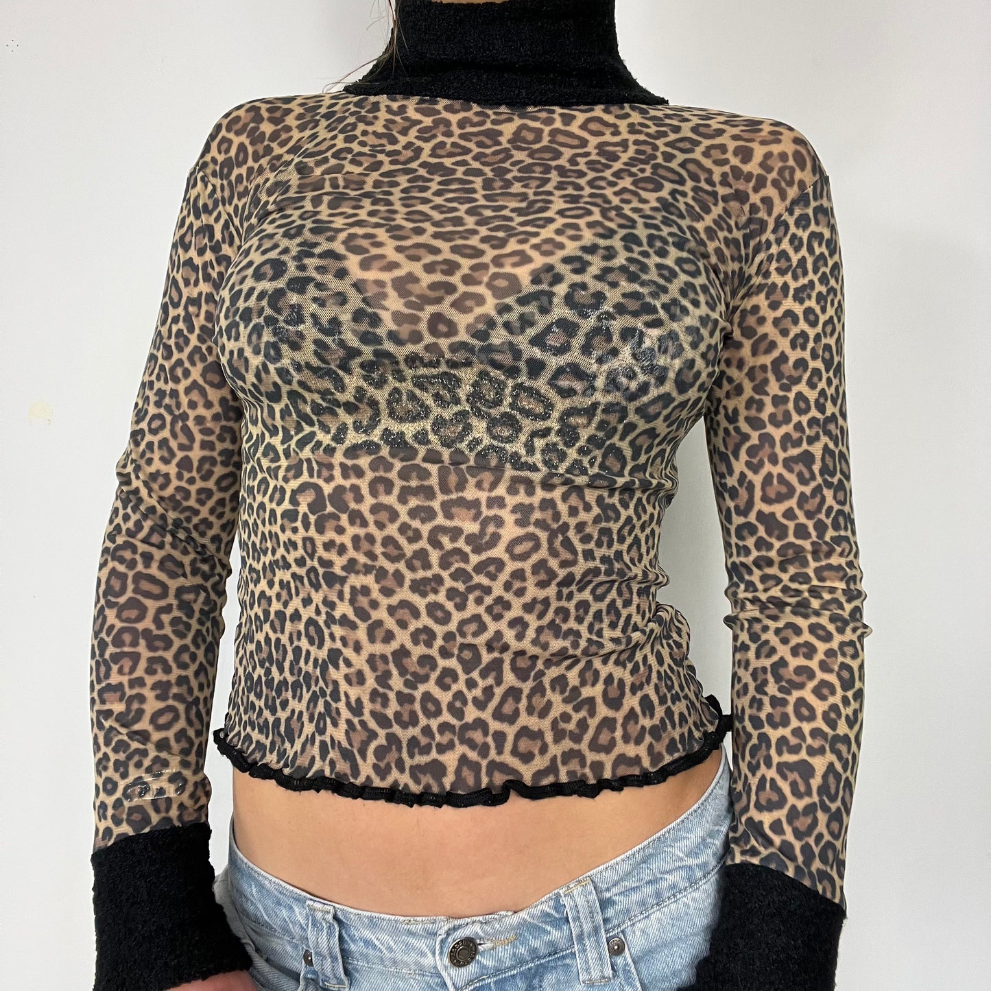 00s vintage leopard mesh knit turtle neck - Size S