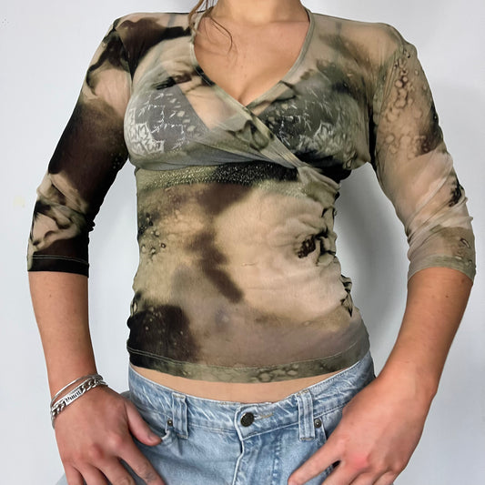 Y2K mesh graphic 3/4 sleeve wrap top - Size s