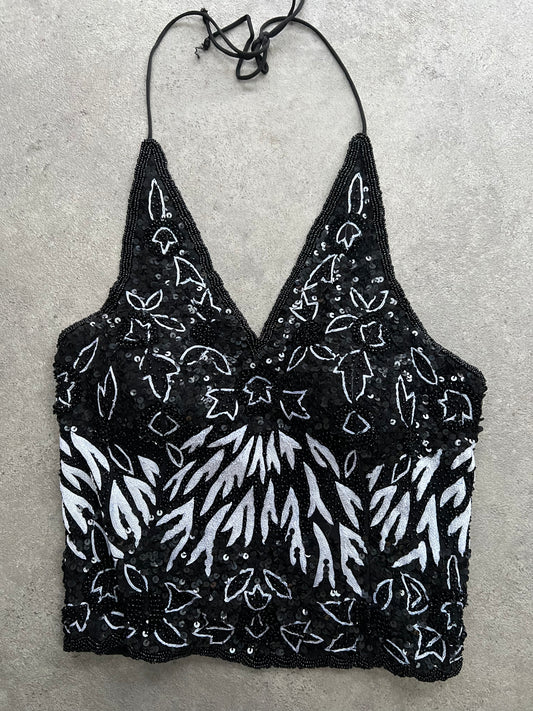 90s beaded sequin halter lace up back top - Size S/M