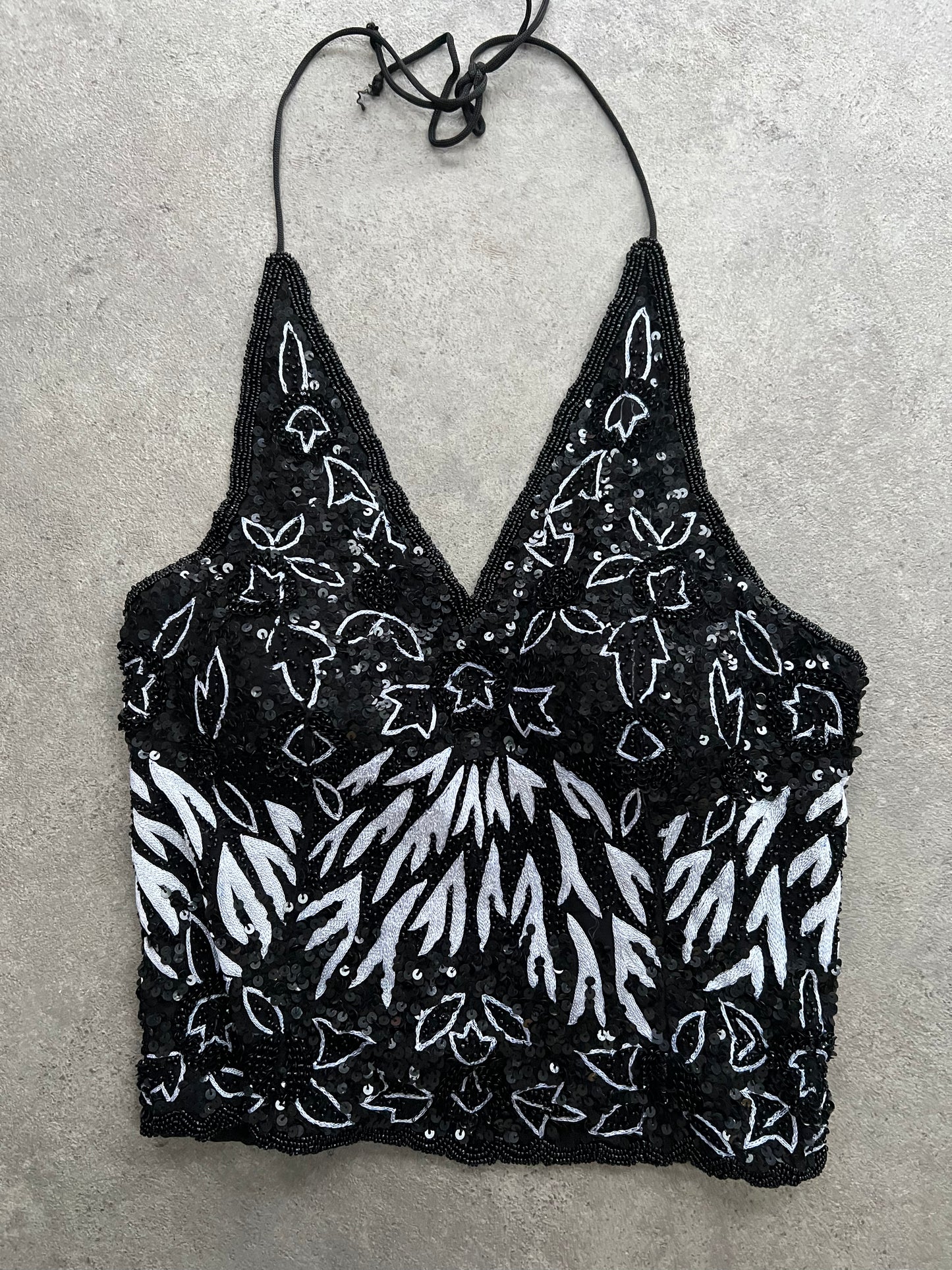 90s beaded sequin halter lace up back top - Size S/M