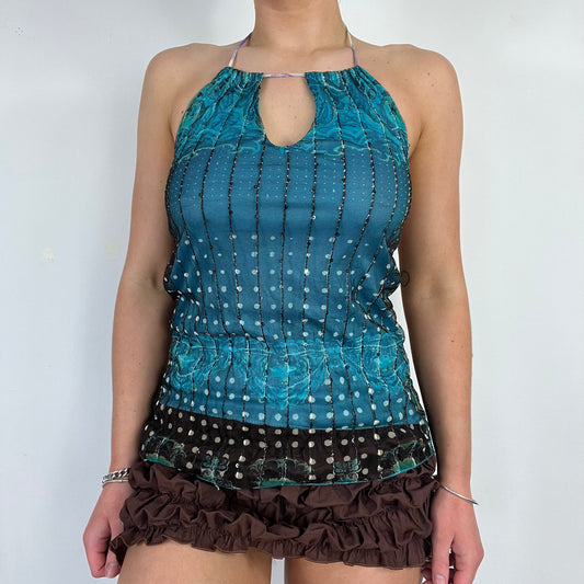 00s blue graphic mesh halter top - Size S