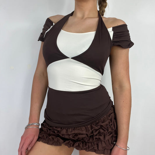00s Cache Cache brown cream tie top - Size S