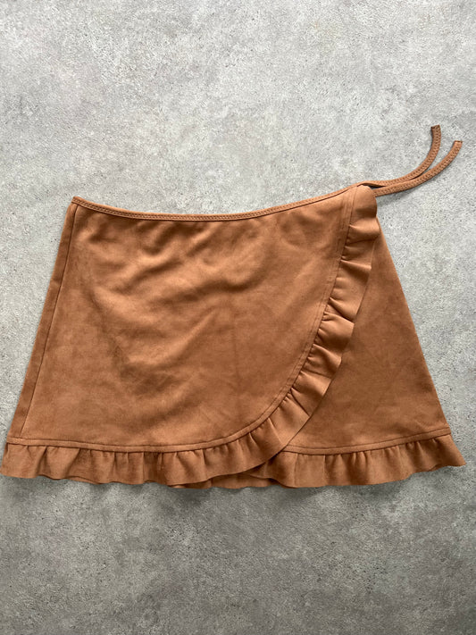 90s Suede Ruffle Hem Wrap Skirt - Size S