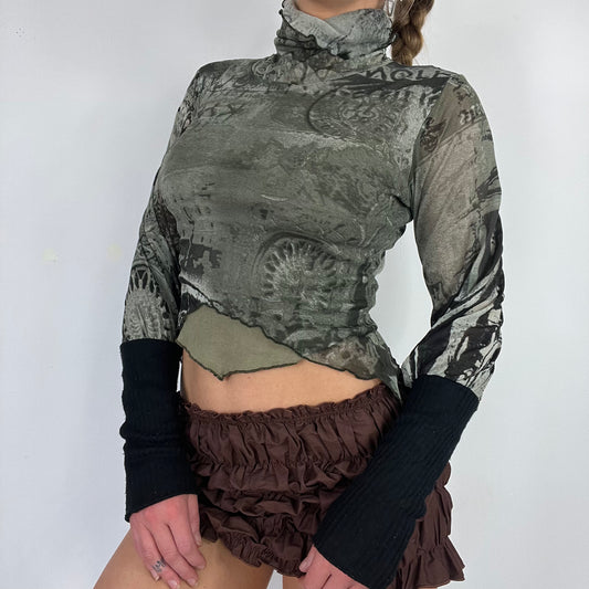 00s mesh knit graphic print long sleeve turtle neck - Size S