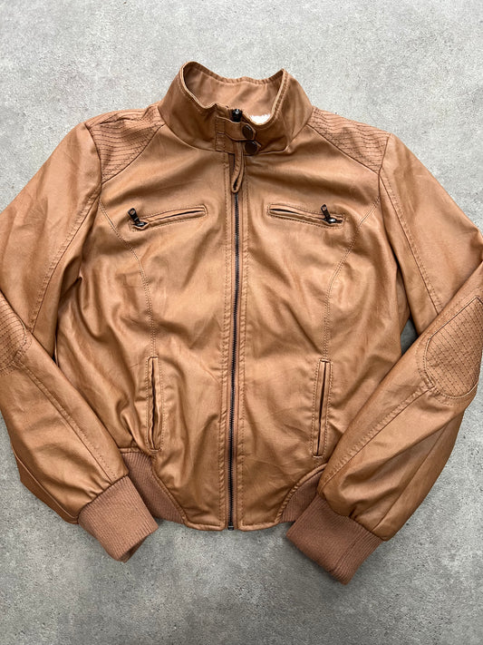 90s brown leather zipper bomber jacket - Size S/M