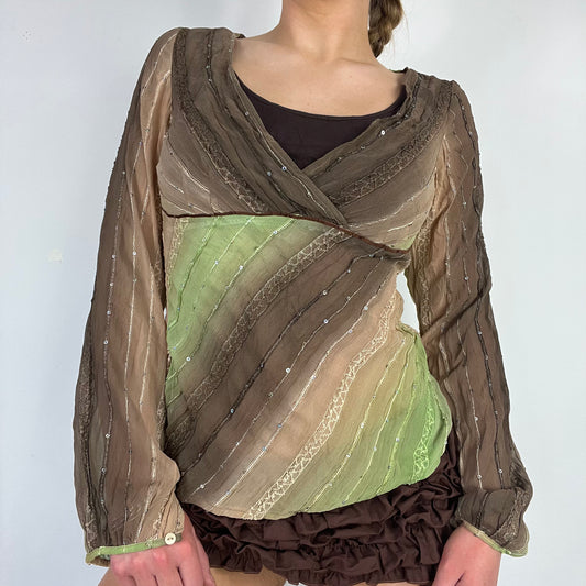 00s green brown long sleeve top - Size S