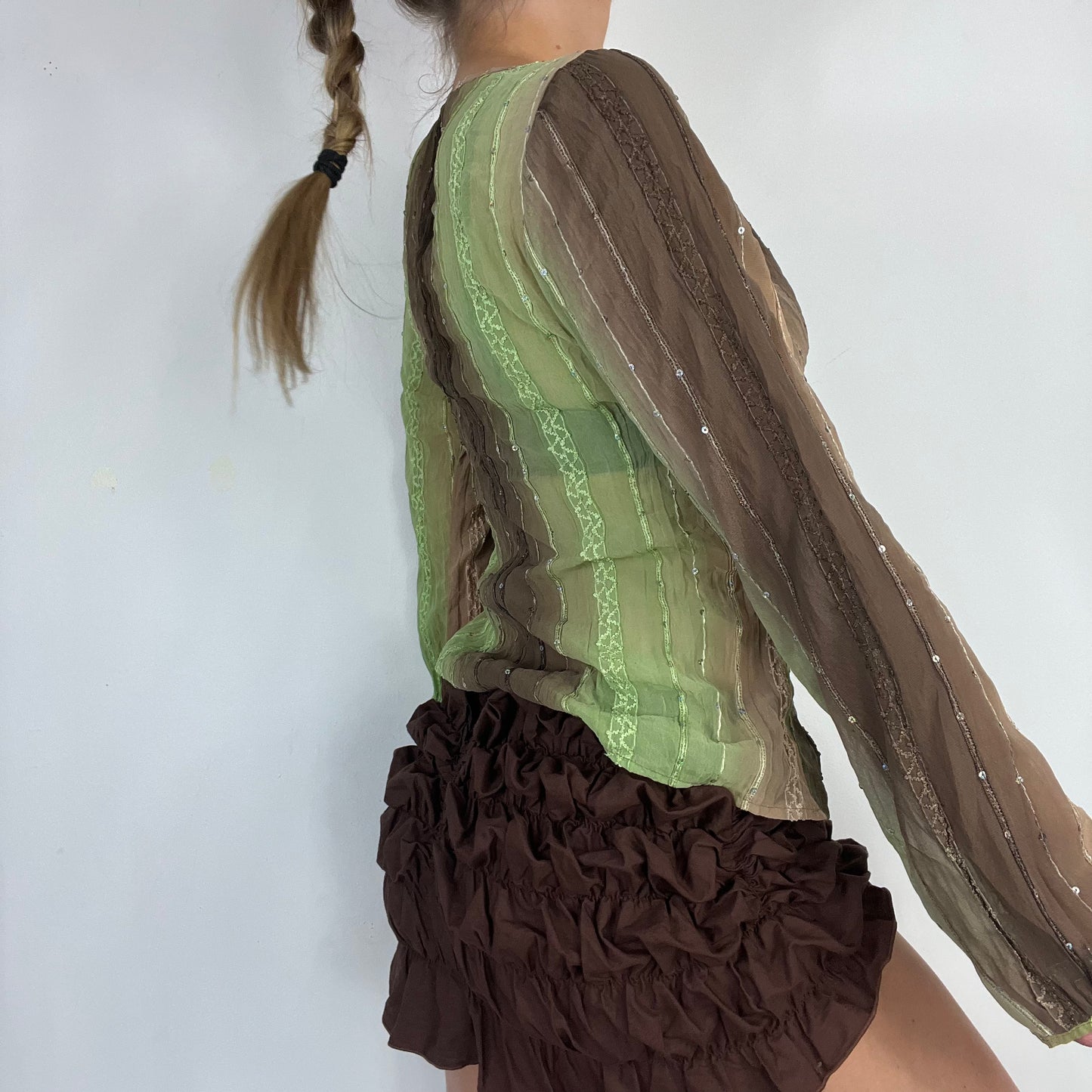 00s green brown long sleeve top - Size S