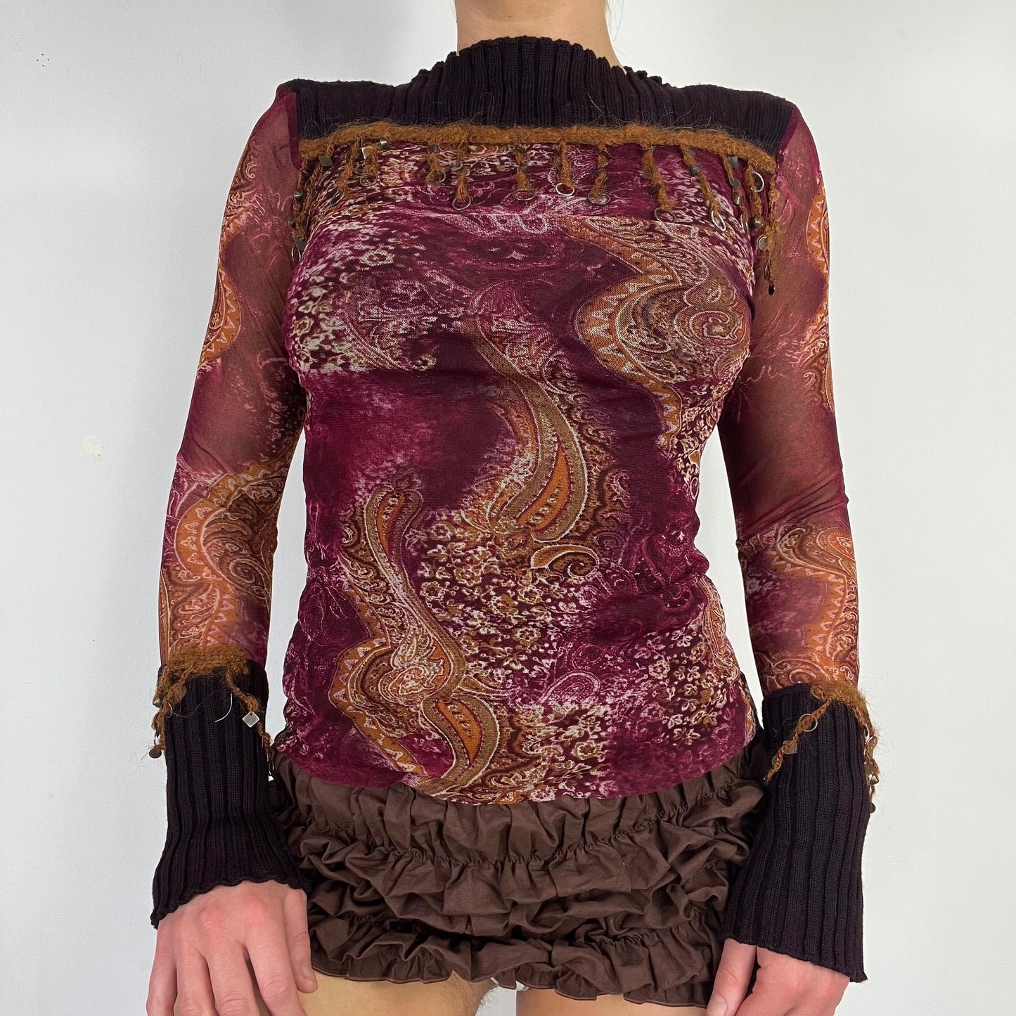 00s graphic mesh knit long sleeve top - Size S