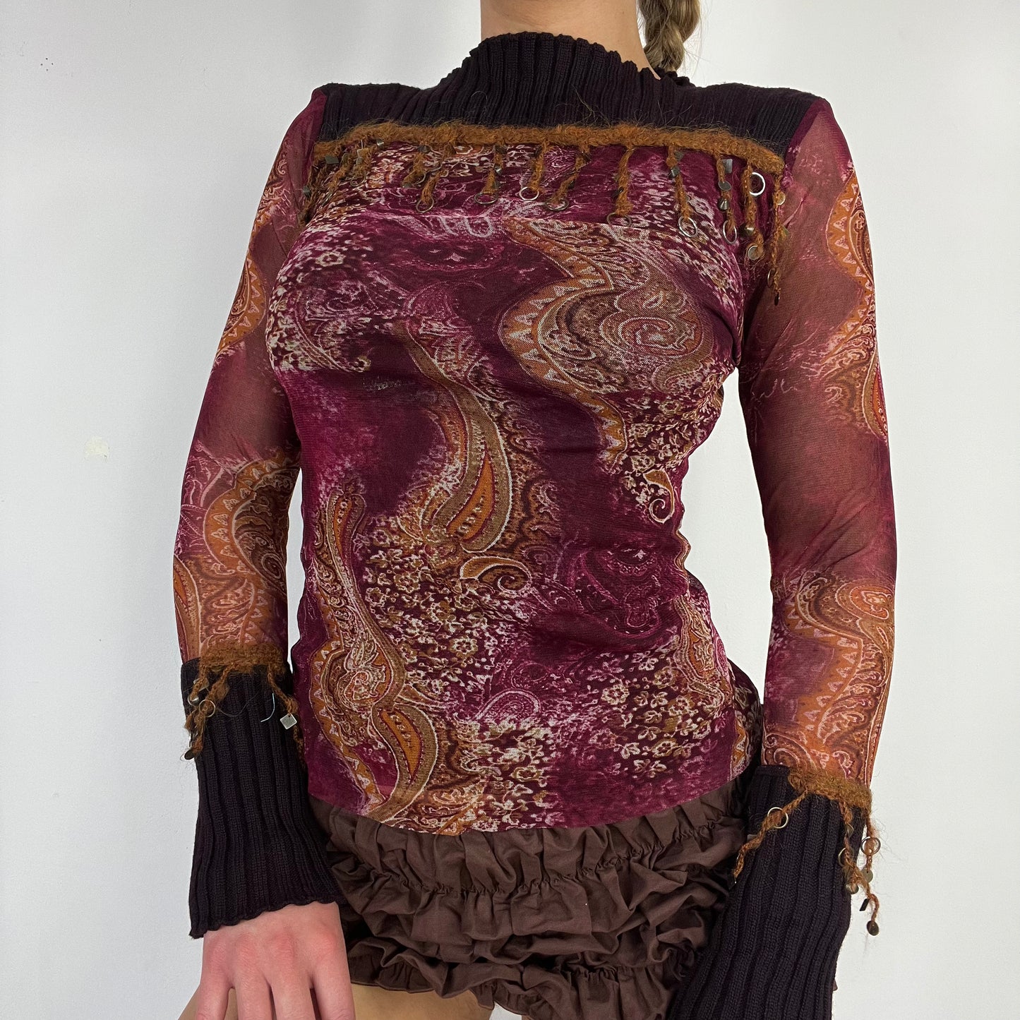 00s graphic mesh knit long sleeve top - Size S