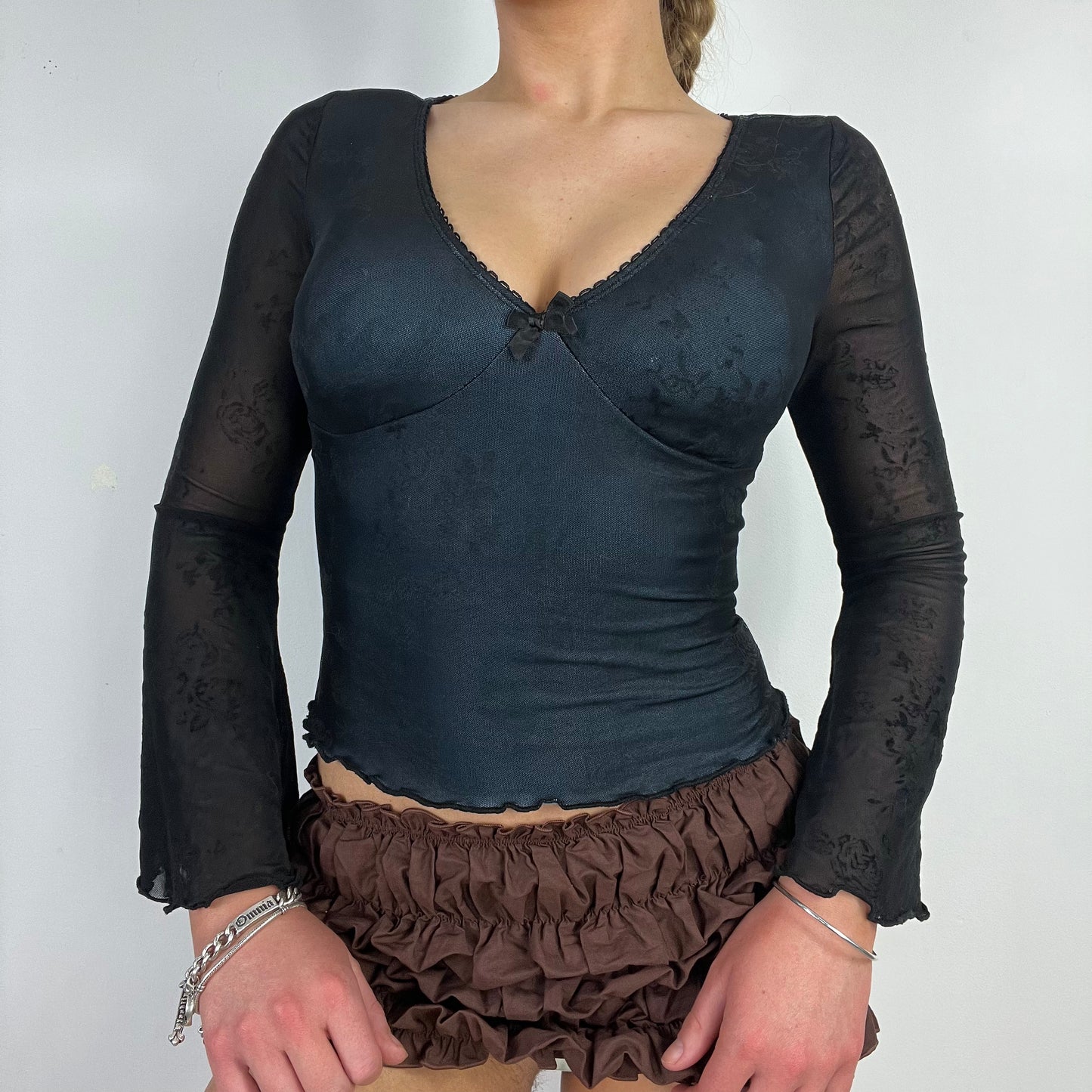 00s double layered mesh flare sleeve top - Size S