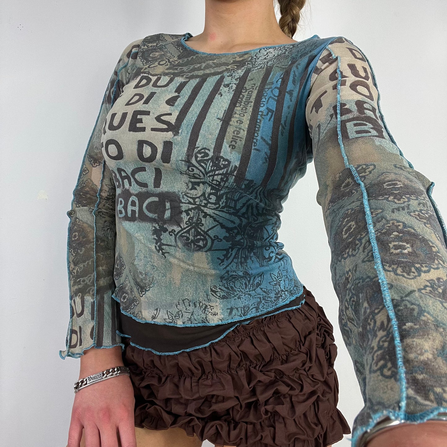 00s long sleeve graphic mesh top - Size S