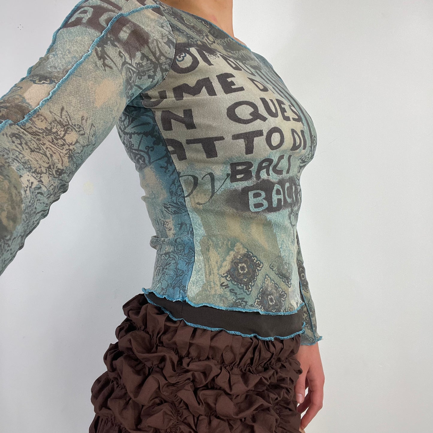 00s long sleeve graphic mesh top - Size S