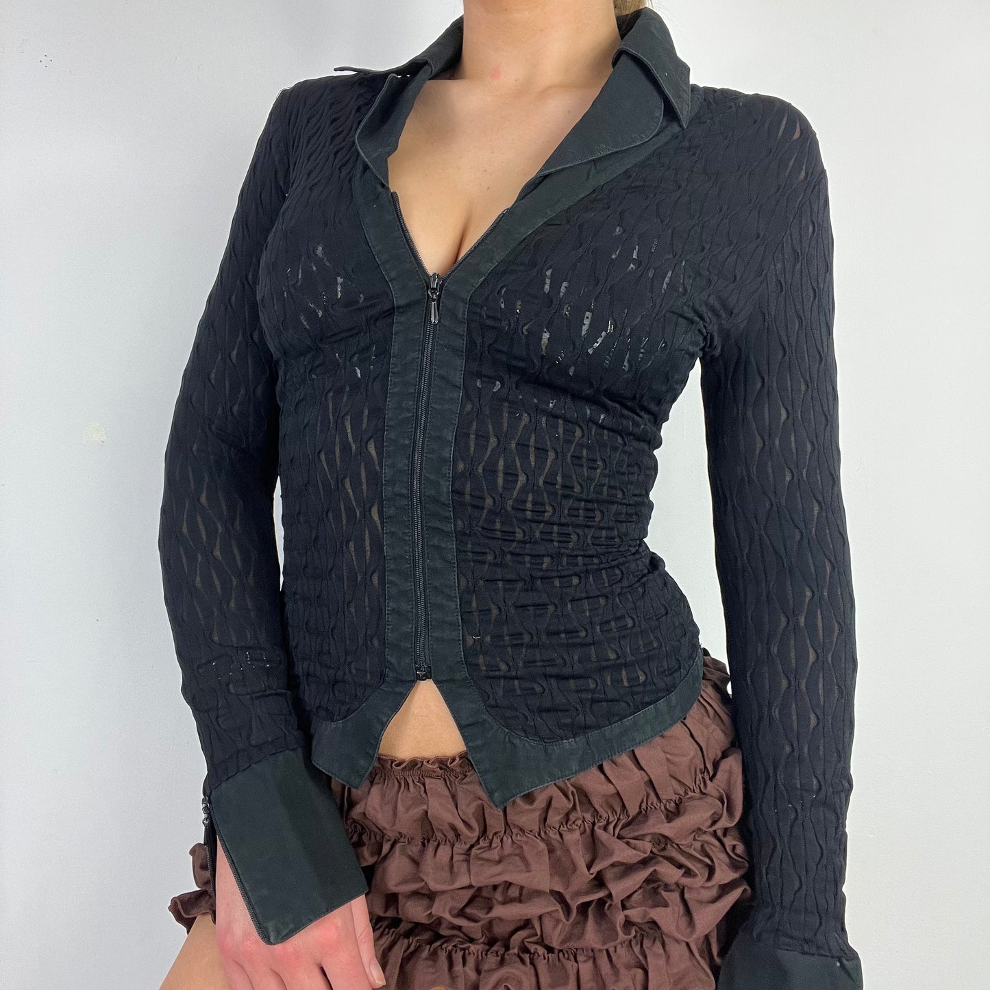 00s black stretch zip up shirt - Size S