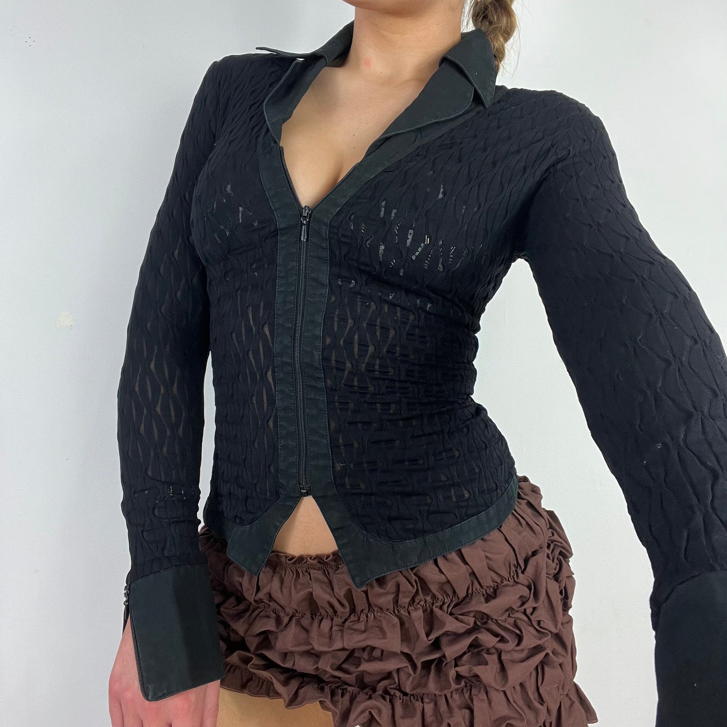 00s black stretch zip up shirt - Size S