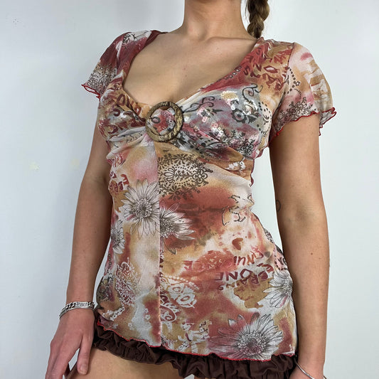 00s graphic print mesh top - Size S