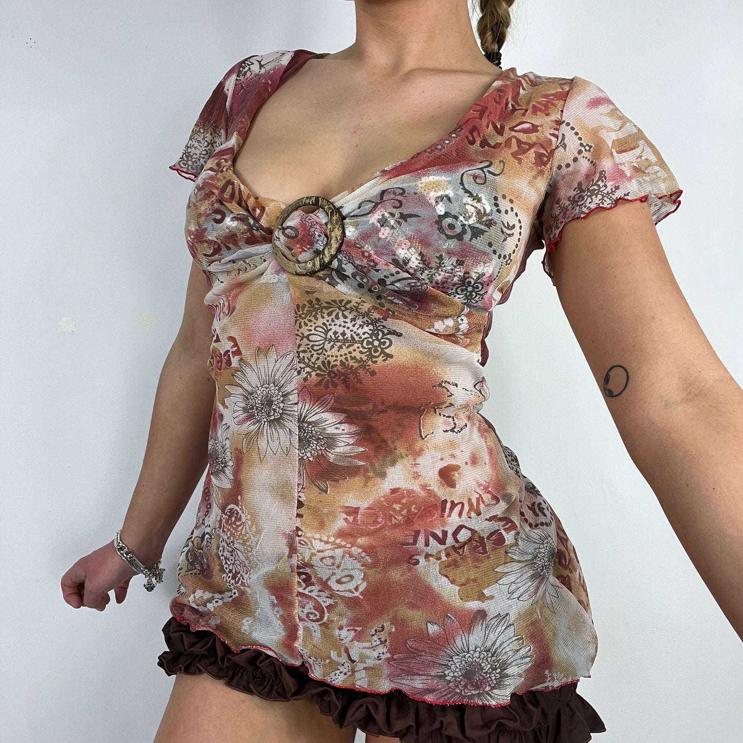 00s graphic print mesh top - Size S