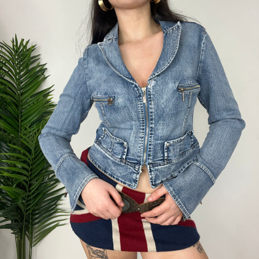 Y2K Denim Blazer Jacket with Zipper Details