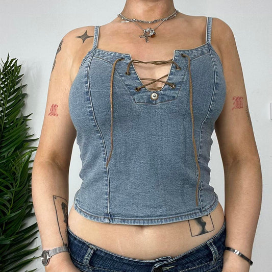 90s Small Denim Lace Up Top