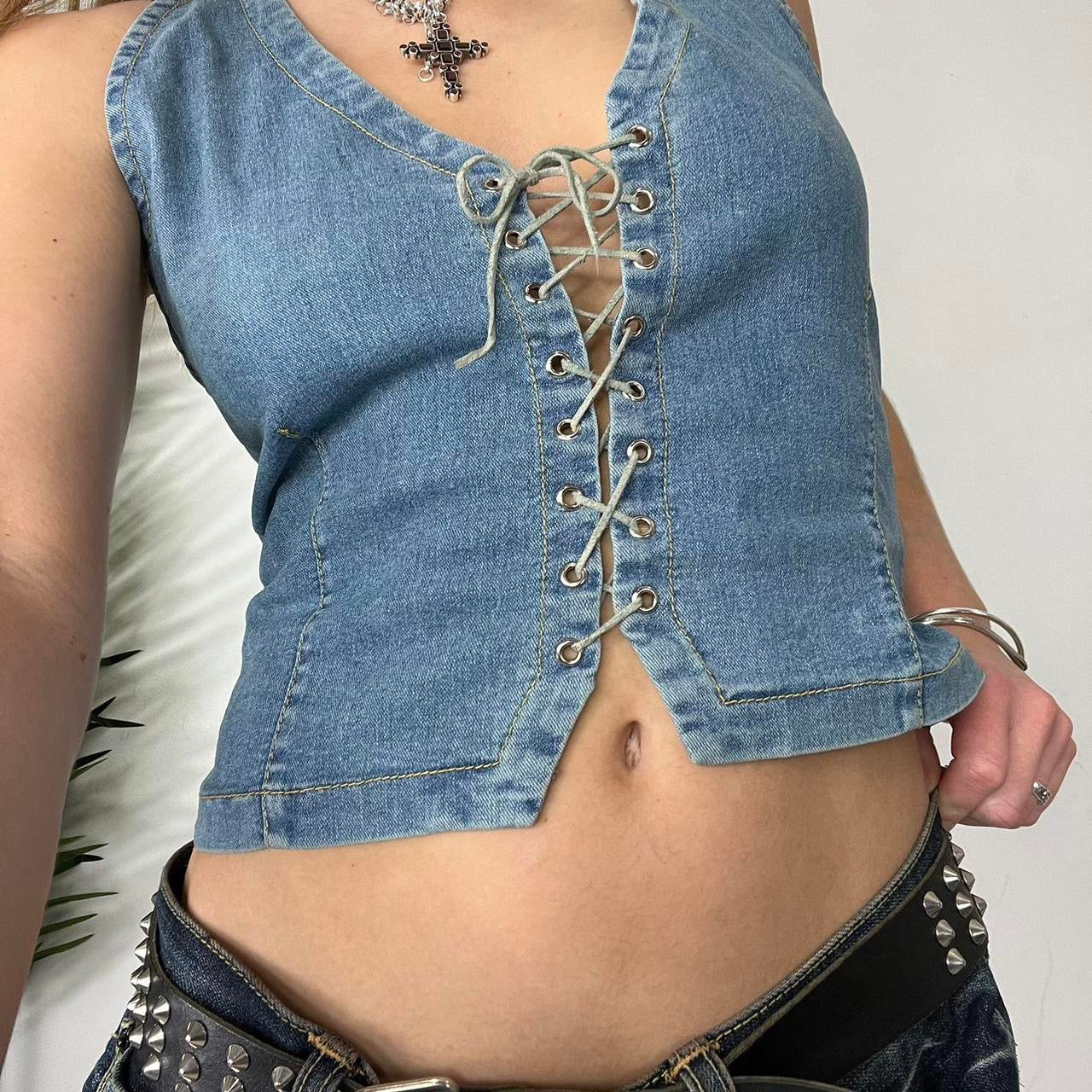 90s Denim Lace Up Halter - Size M