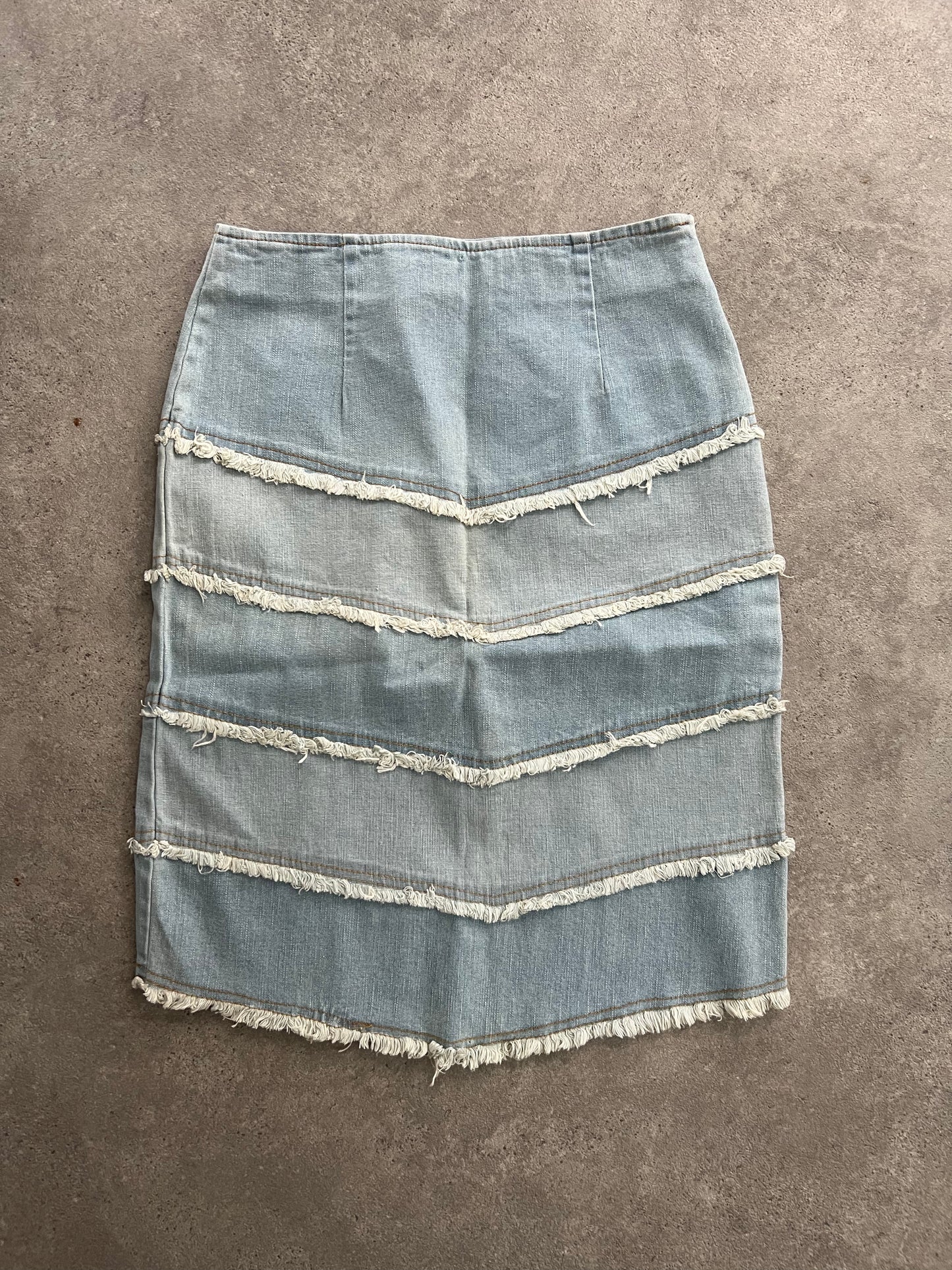 90s Denim Distressed Midi Skirt