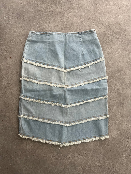 90s Denim Distressed Midi Skirt