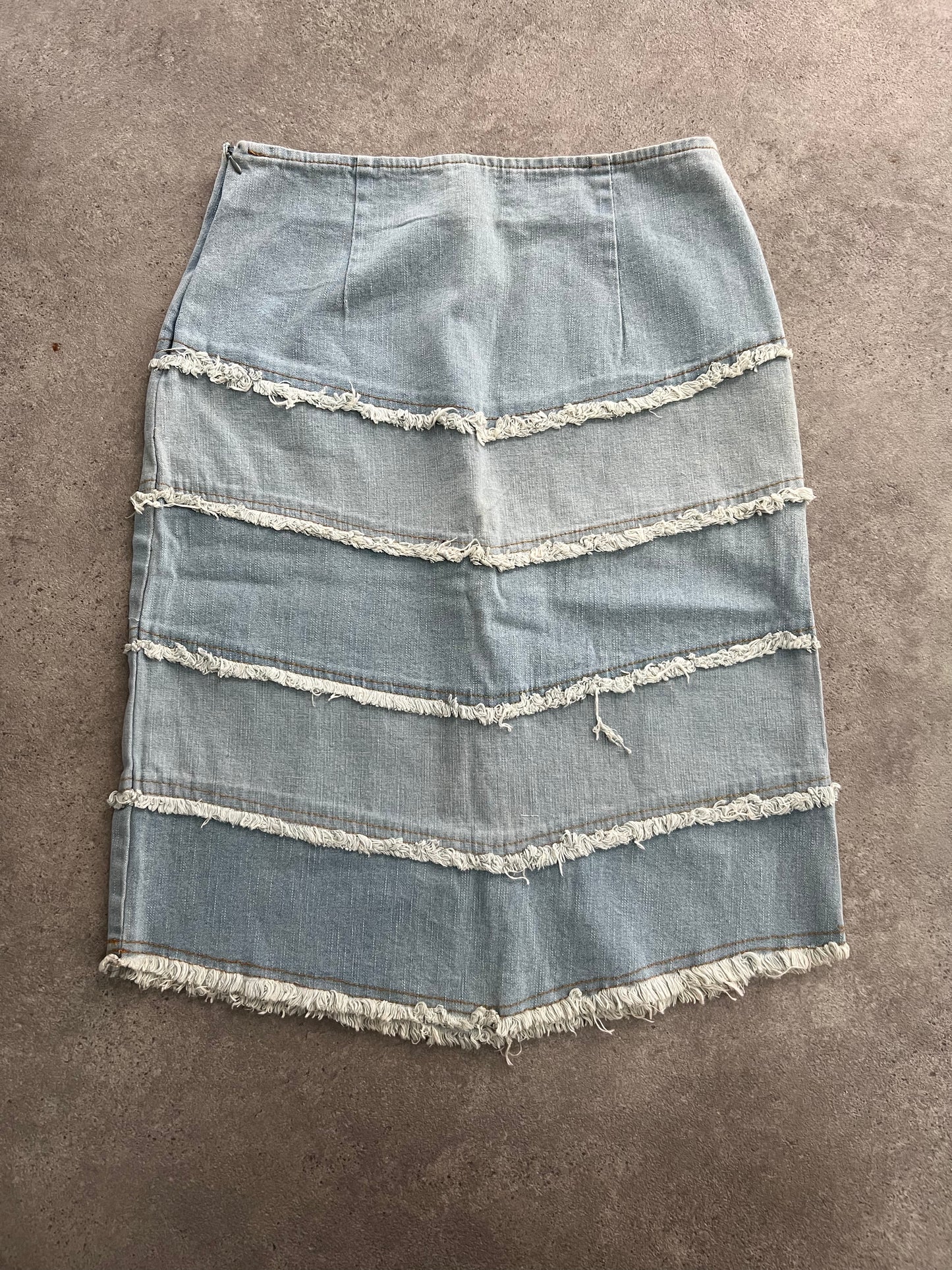 90s Denim Distressed Midi Skirt