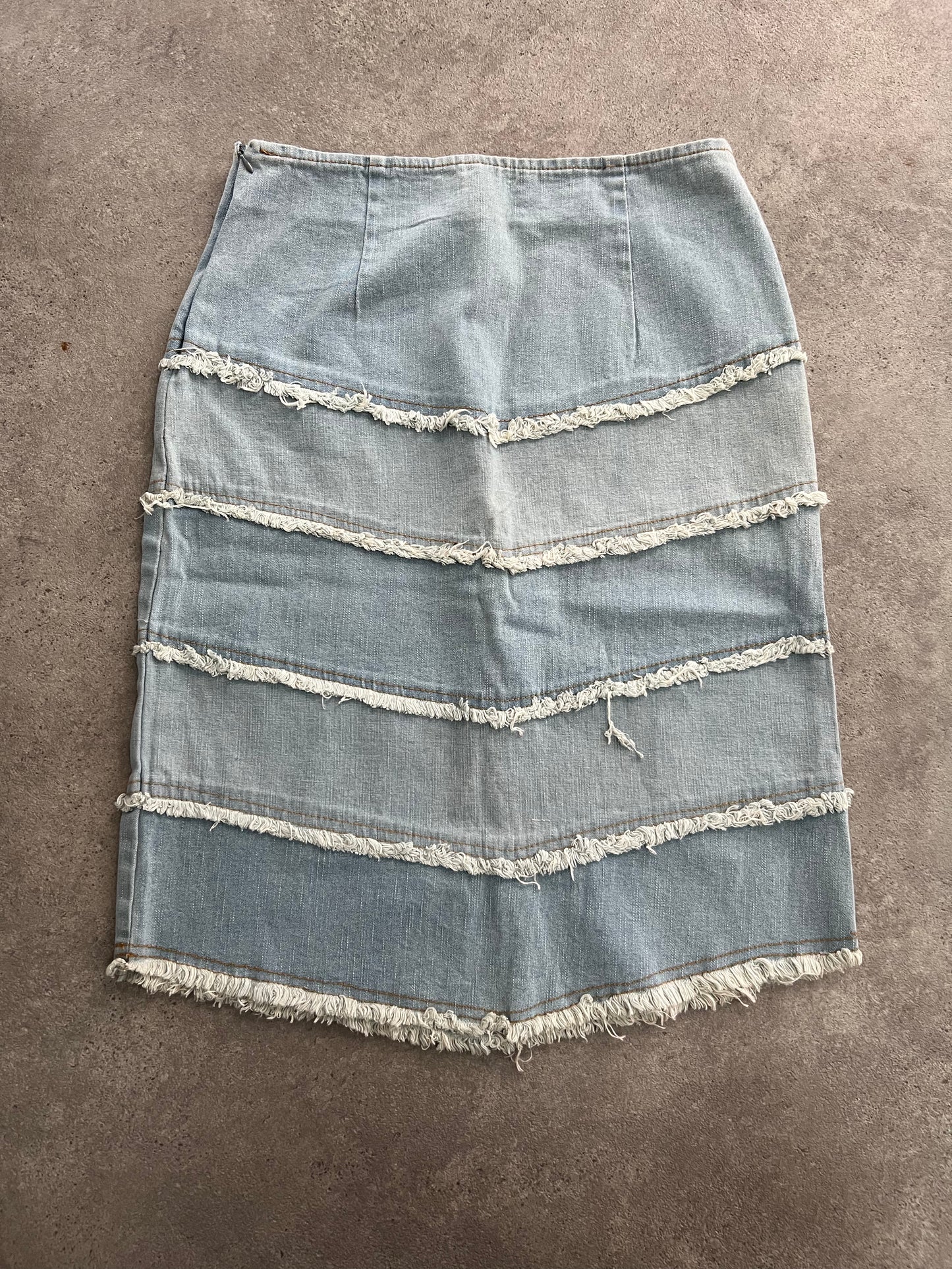 90s Denim Distressed Midi Skirt