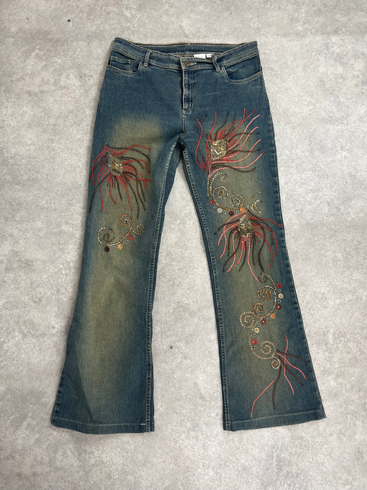 90s Embroidered Flared Acid Wash Jeans