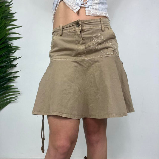 90s beige midi floral ruffle skirt