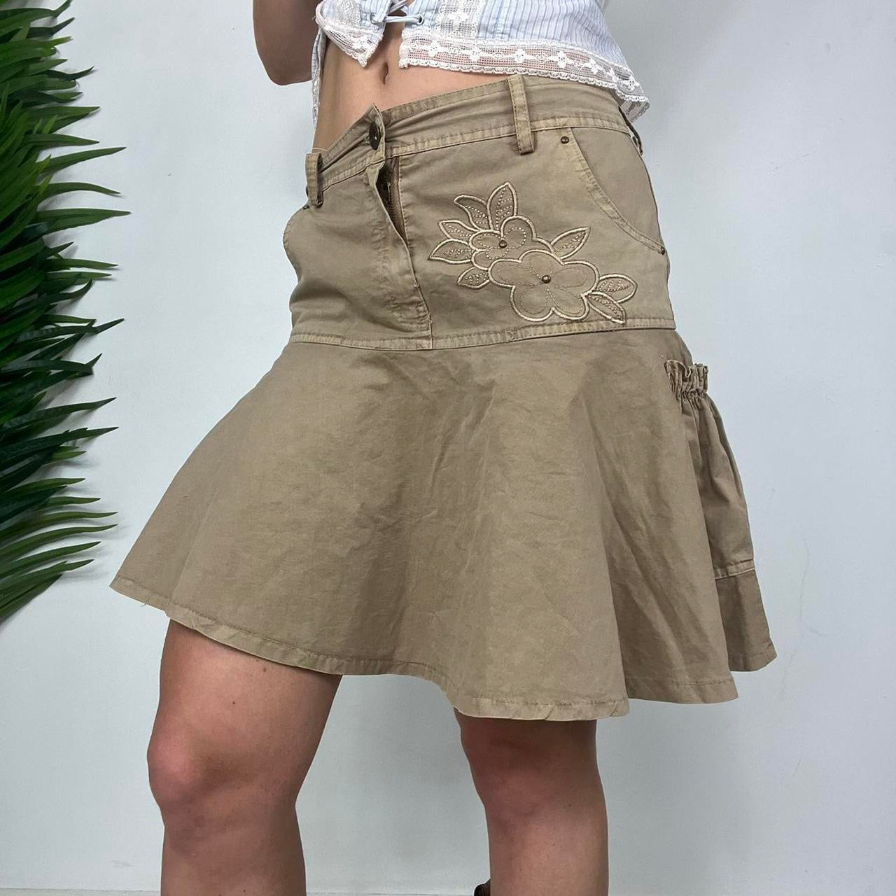 90s beige midi floral ruffle skirt