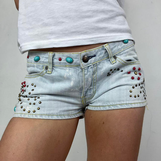 90s denim low rise embellished hot pants