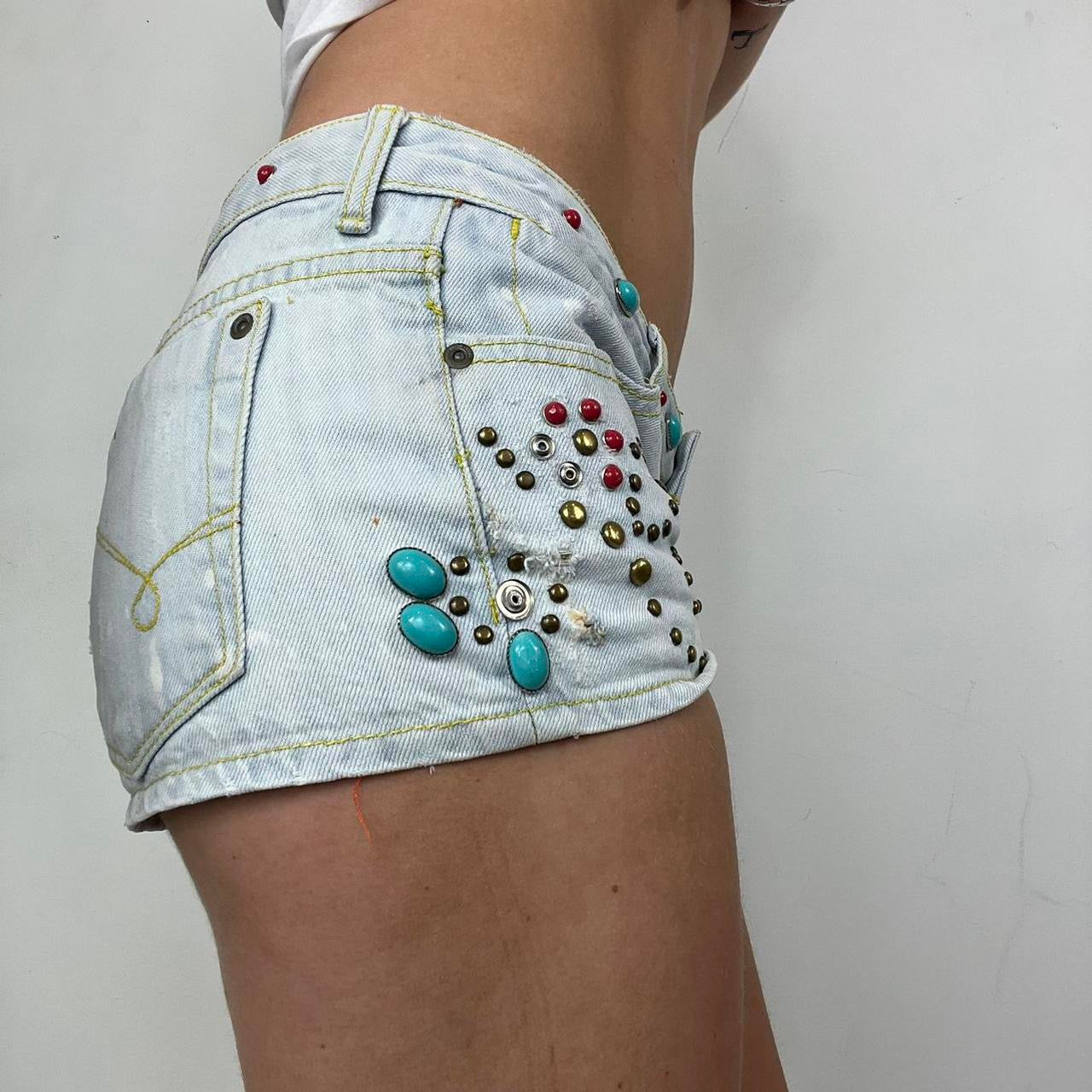 90s denim low rise embellished hot pants