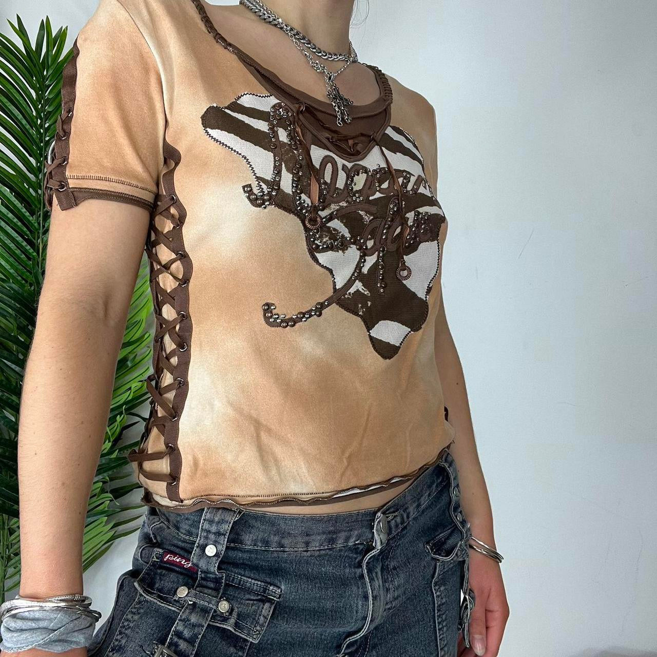 90s BiBA brown lace up top