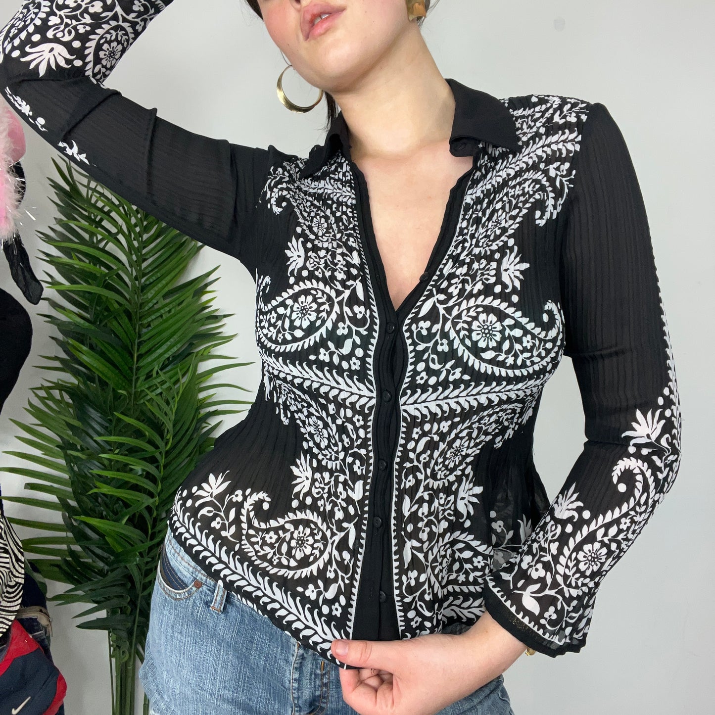 long sleeve paisley mesh button up shirt