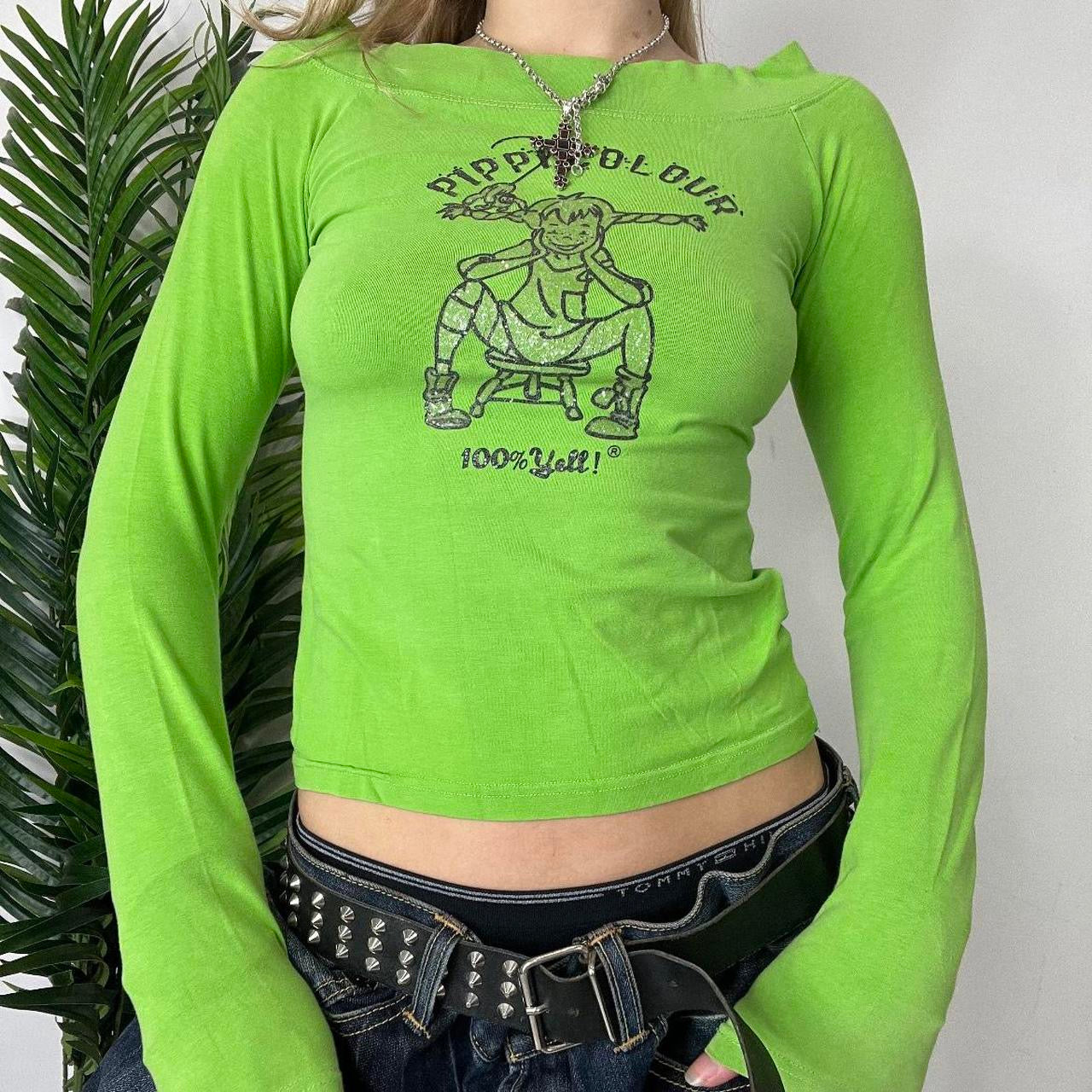 90s Green Graphic Off Shoulder Long Sleeve Top