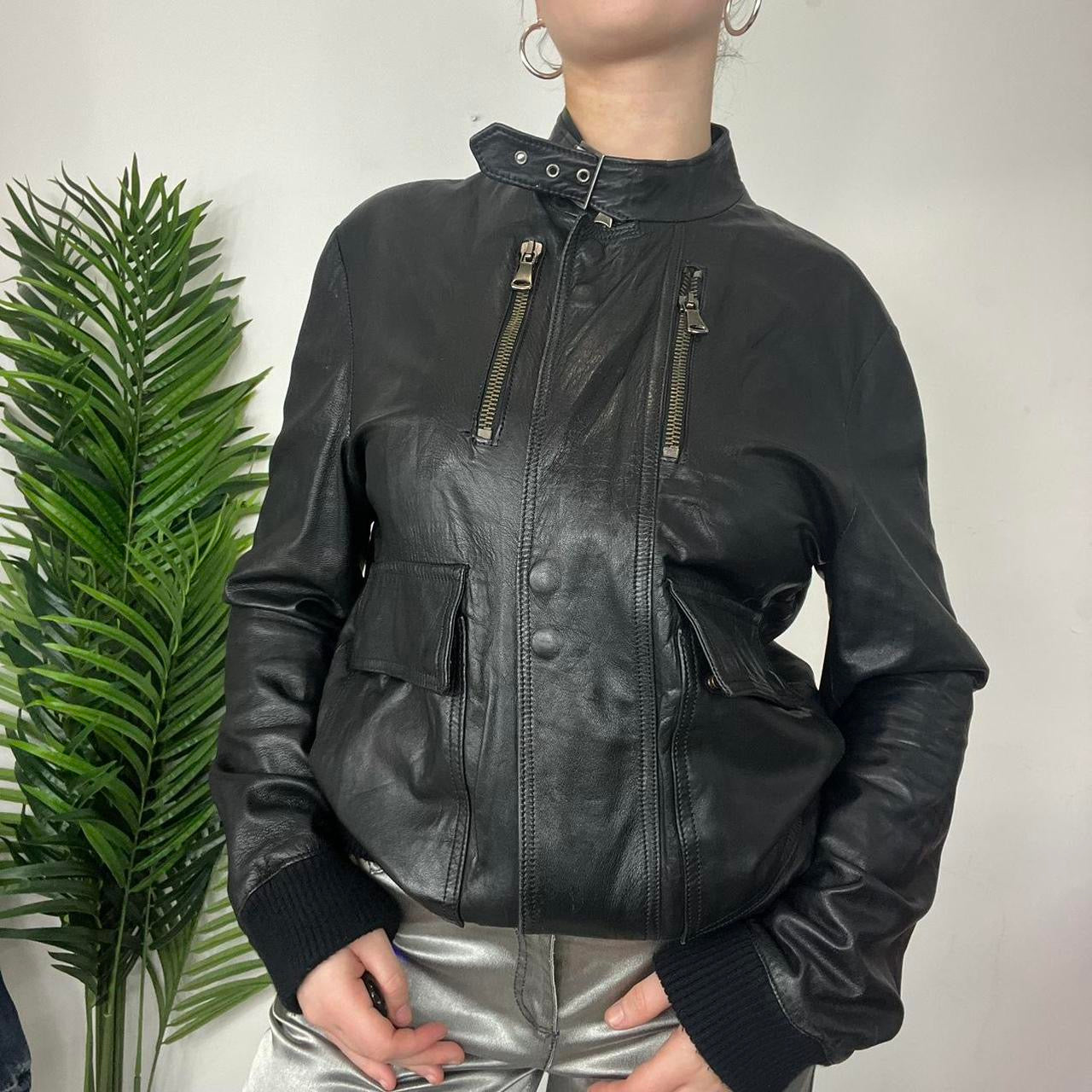 90s Black Bomber Leather Jacket