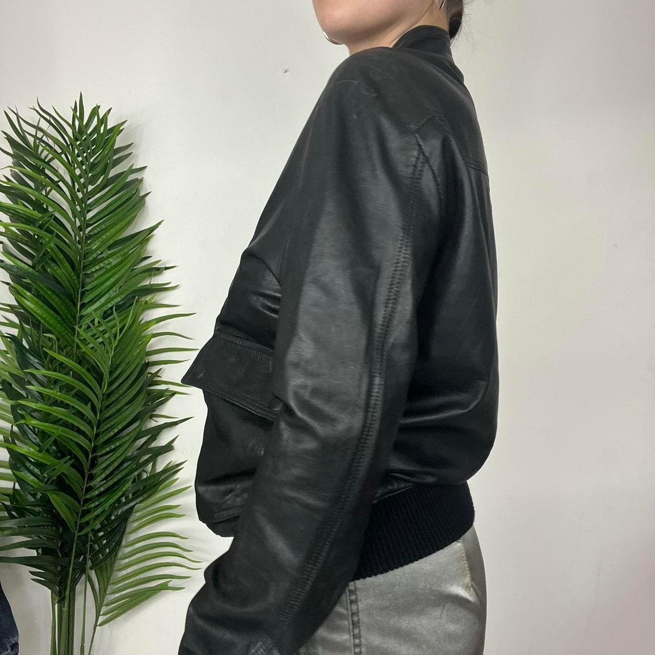 90s Black Bomber Leather Jacket