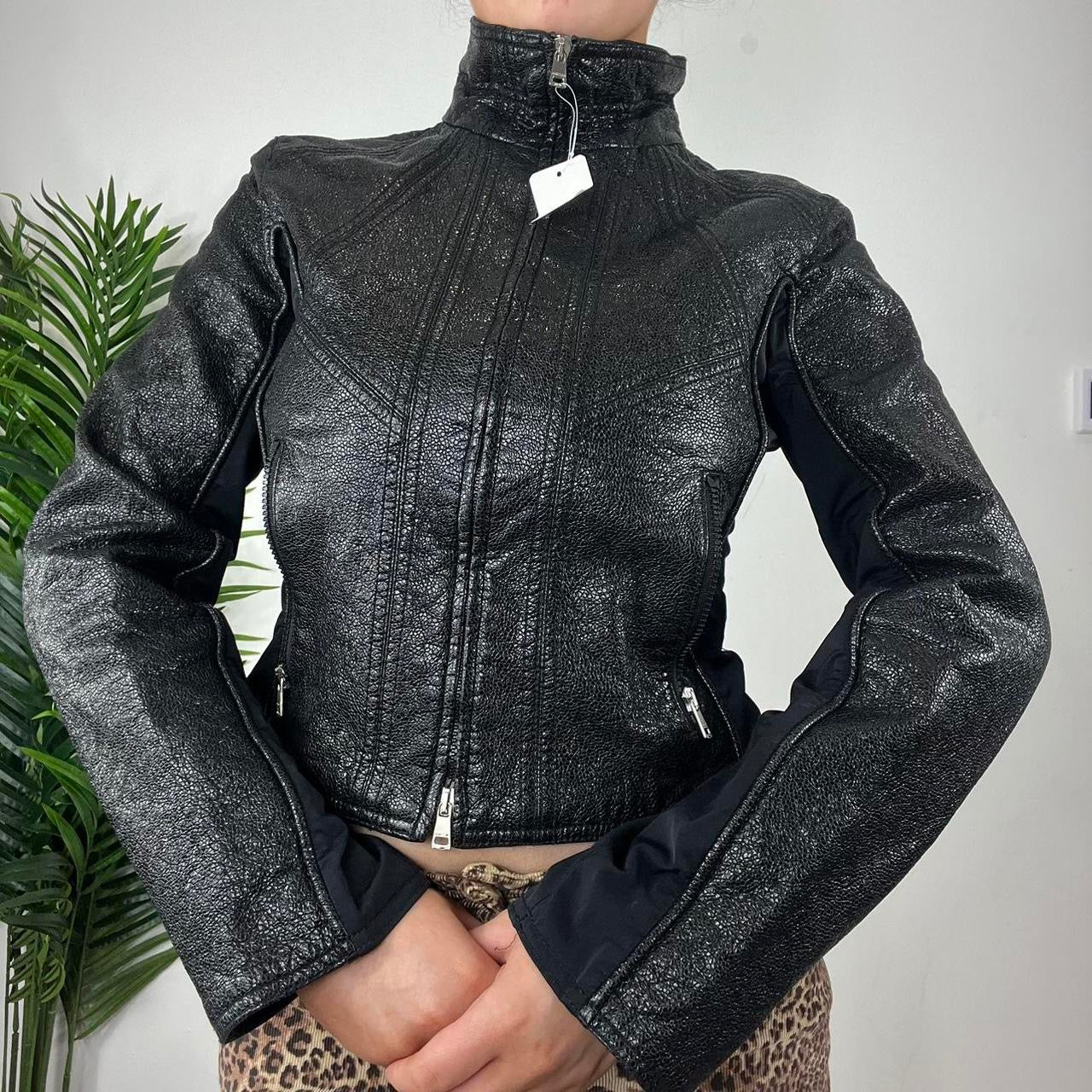 90s Flare Sleeve Crinkle Black Leather Jacket