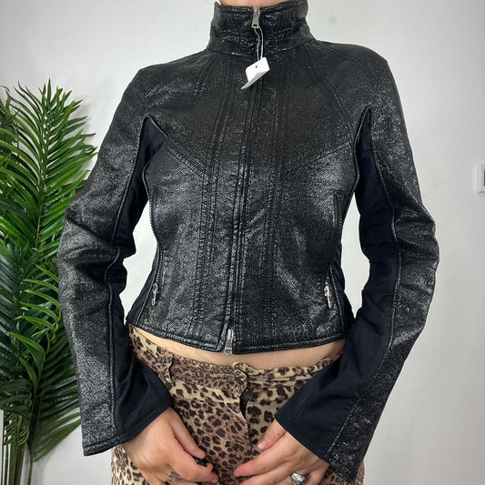 90s Flare Sleeve Crinkle Black Leather Jacket