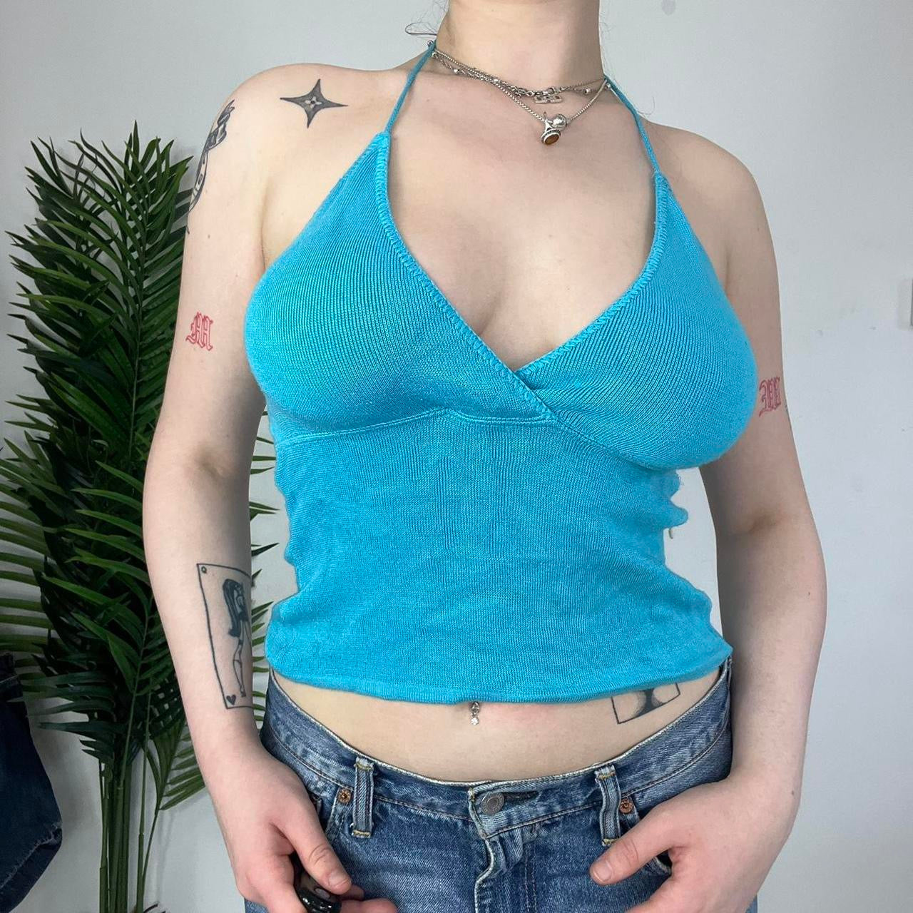 90s Blue Halter Neck Wrap Vest