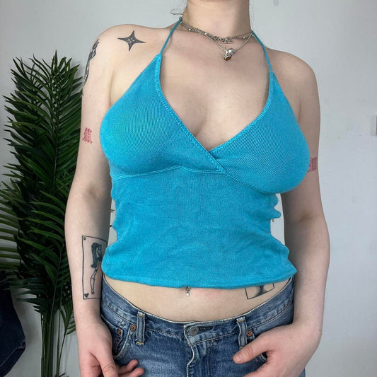 90s Blue Halter Neck Wrap Vest