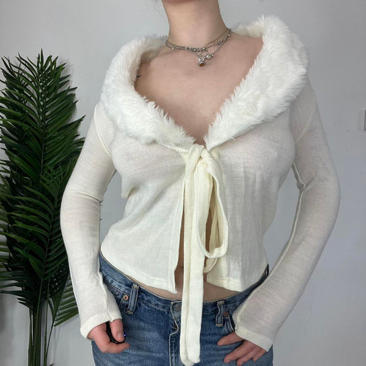 90s White Fur Trim Tie Cardigan - Small