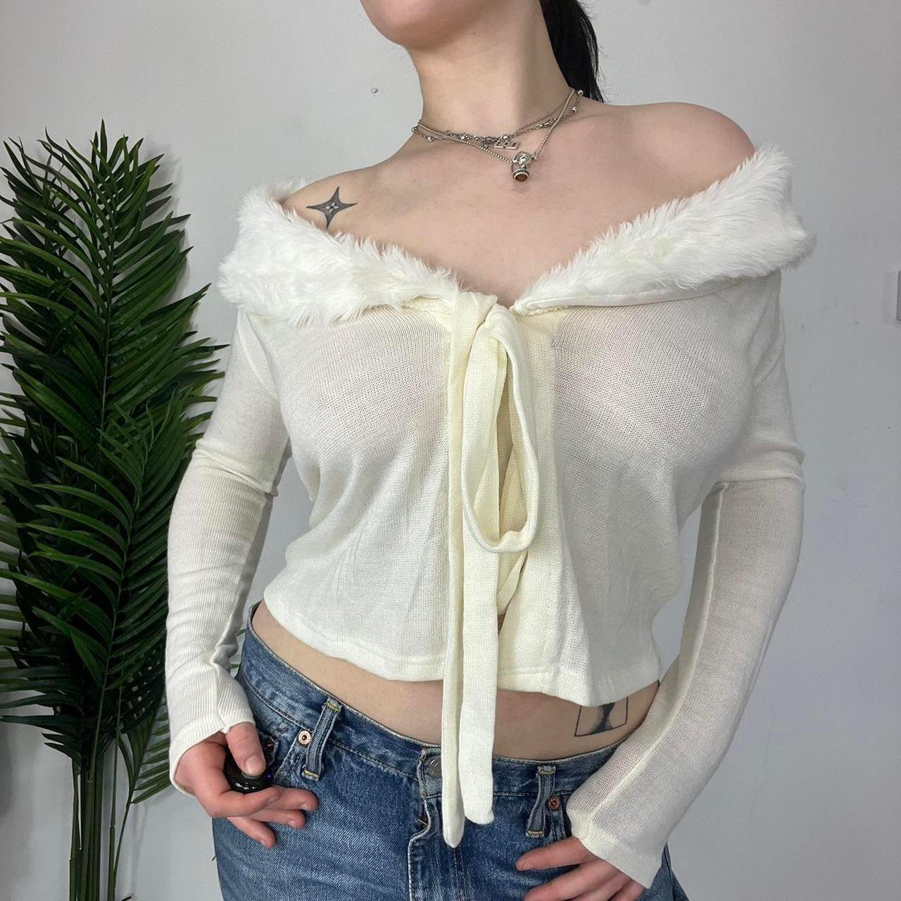 90s White Fur Trim Tie Cardigan - Small