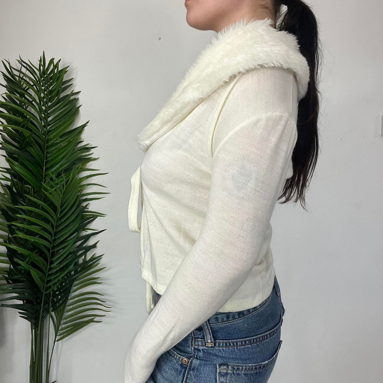 90s White Fur Trim Tie Cardigan - Small